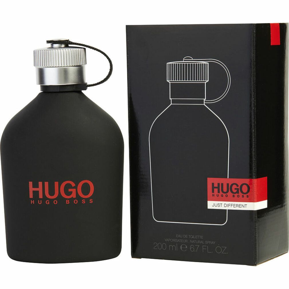 Flacone nero e confezione. Scritta HUGO rossa. Confezione con immagine del prodotto e testo.