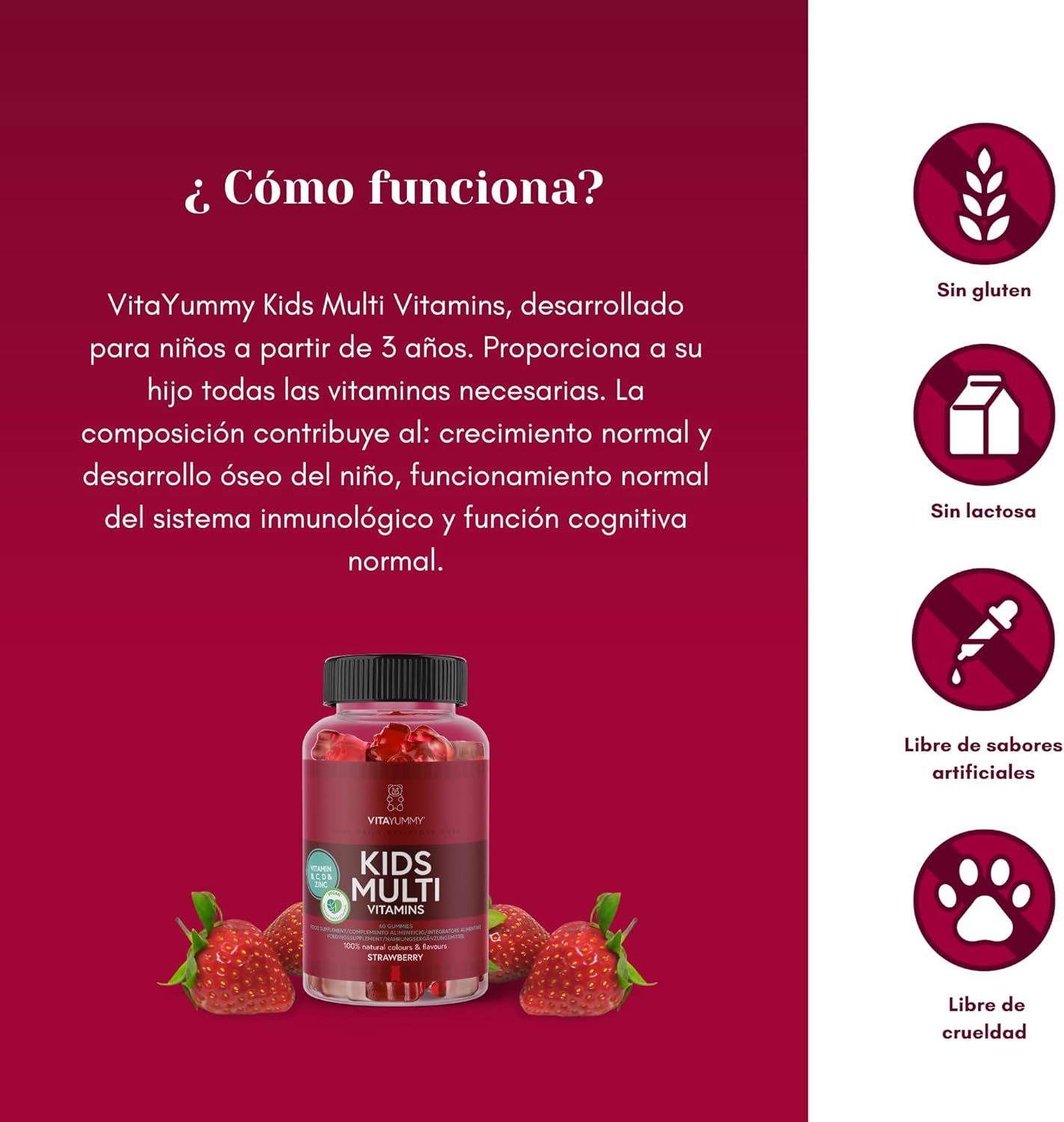 Bottiglia di orsetti gommosi rossi. Scritta: KIDS MULTI VITAMINS. Senza glutine, senza lattosio, senza aromi artificiali, cruelty-free. Fragole.
