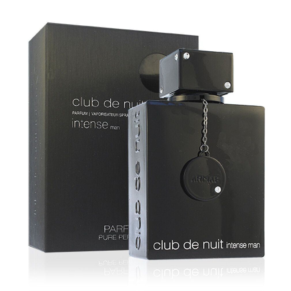 Flacone e confezione neri. Flacone con tappo quadrato. Scritta 'club de nuit intense man'.