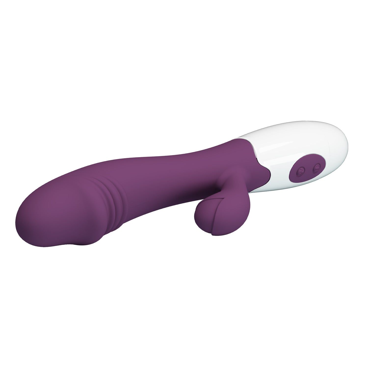 Vibratore viola e bianco con forma curva e design a orecchie di coniglio. Due pulsanti sull'impugnatura bianca.