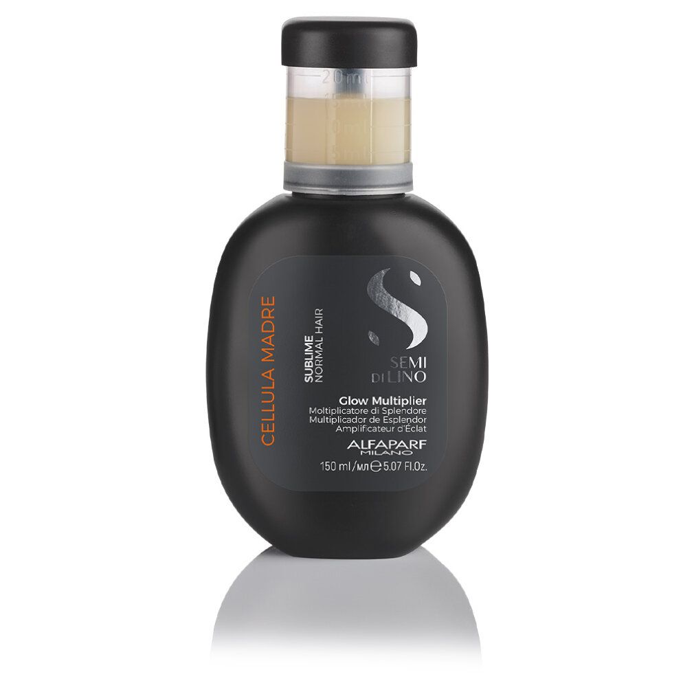 Flacone nero con prodotto. Scritta: CELLULA MADRE, SEMI DI LINO, Glow Multiplier. Marchio: Alfaparf Milano. 150 ml.
