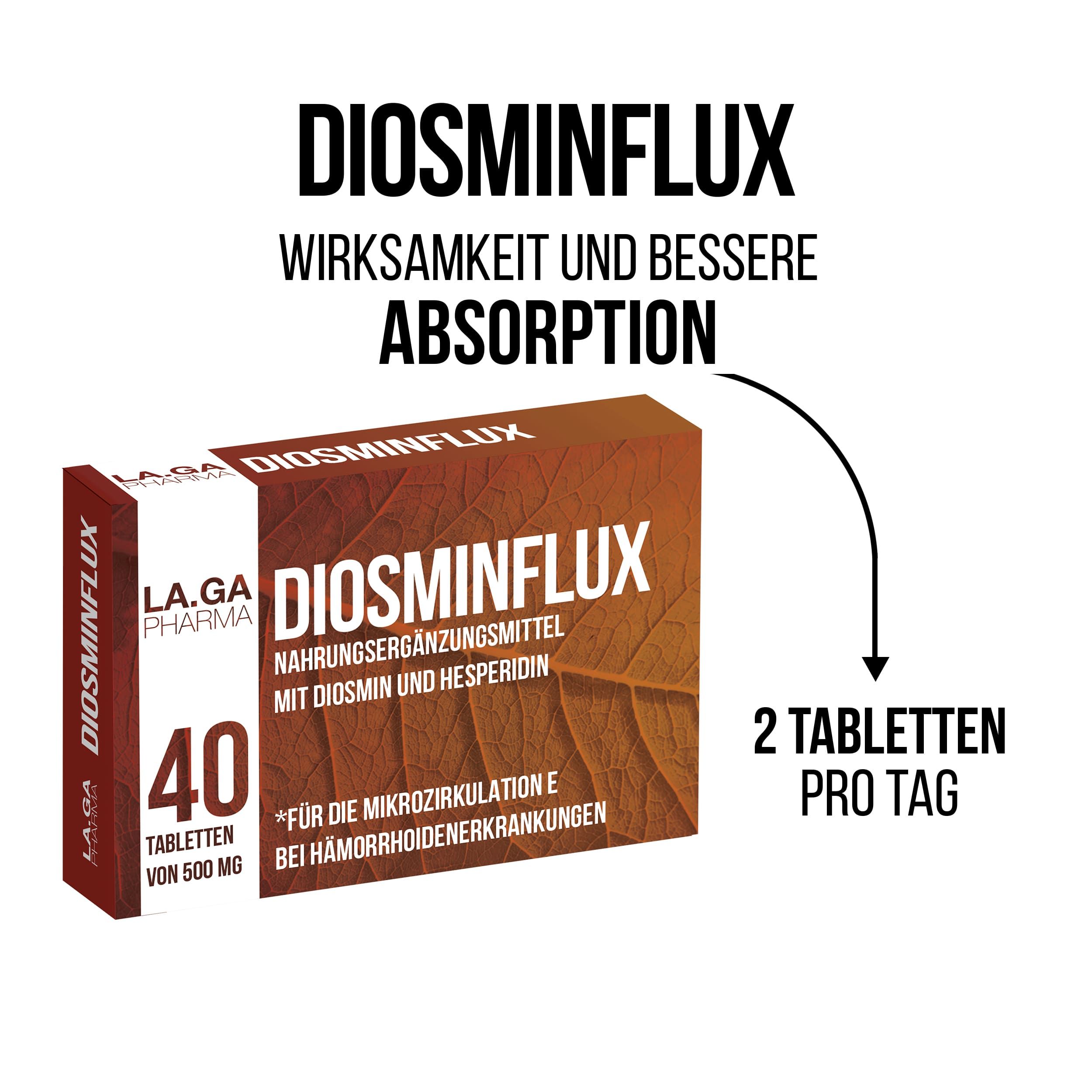 Scatola di Diosminflux. 40 compresse. 500 mg. LA.GA Pharma. 2 compresse al giorno. Scatola marrone con testo bianco.
