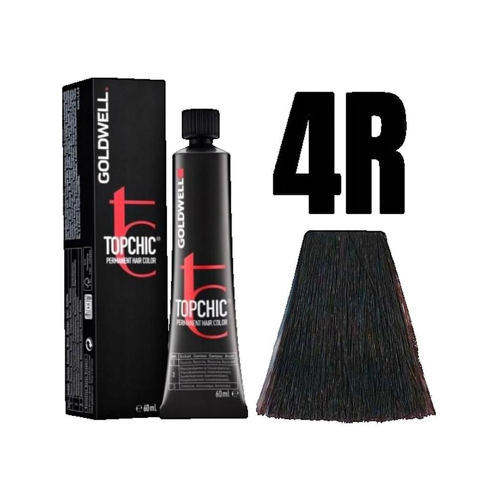 Goldwell Topchic, colore per capelli 4R, mogano scuro. Tubo, campione e macchia di colore. Scritta: Topchic Permanent Hair Color.