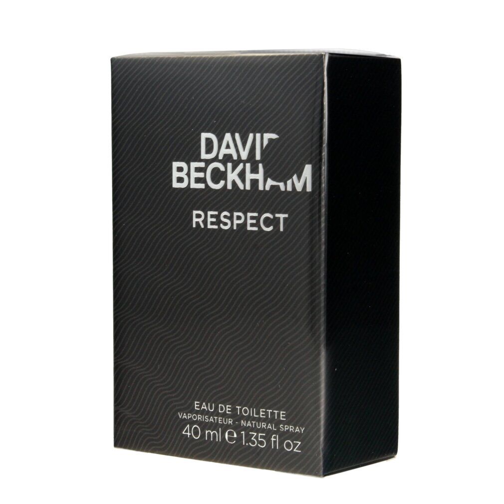Scatola nera con scritta: DAVID BECKHAM RESPECT. Testo: Eau de Toilette, 40 ml.