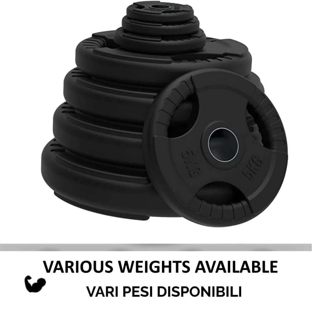 Dischi neri impilati. Testo: "VARIOUS WEIGHTS AVAILABLE". Simbolo: muscolo.