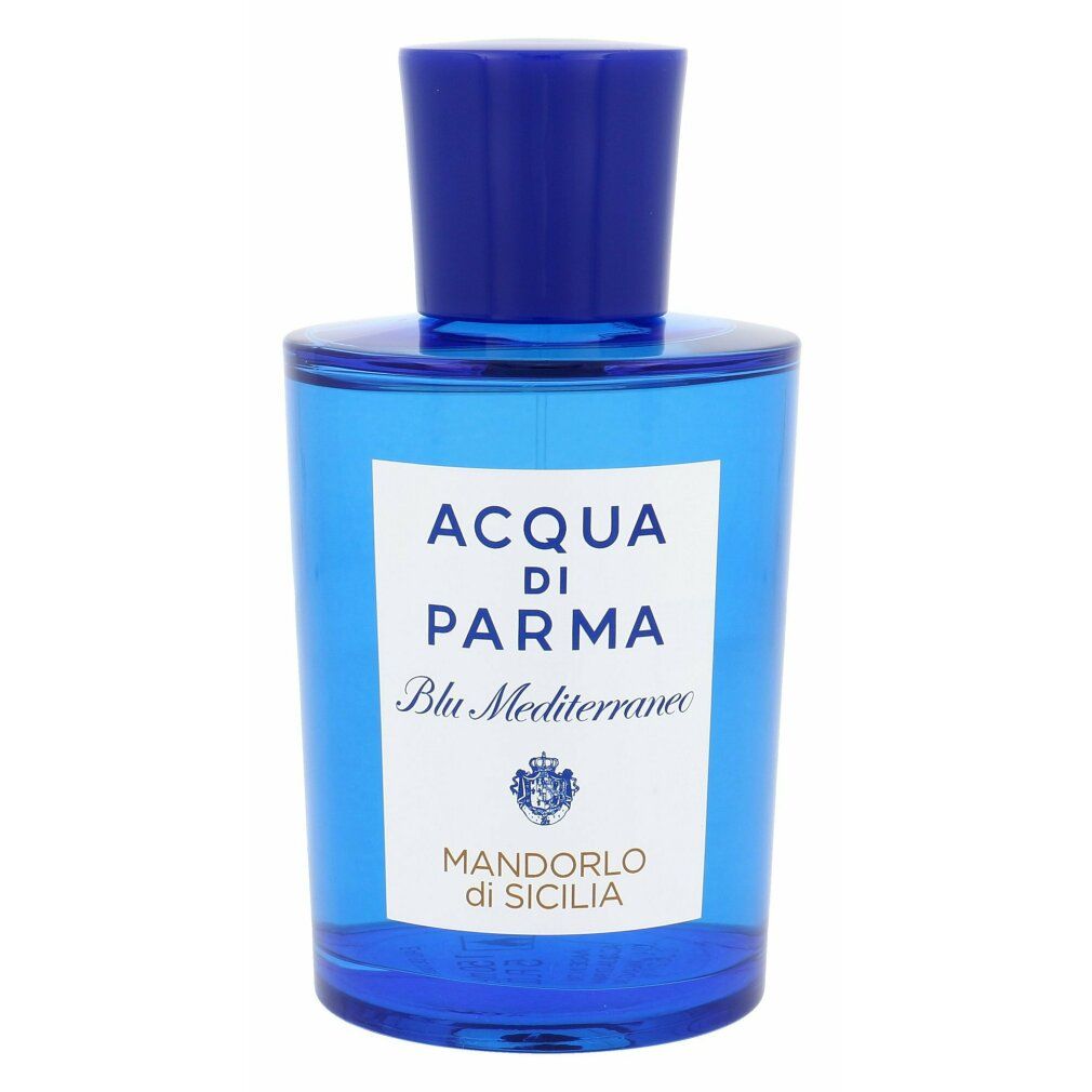 Flacone di profumo blu. Scritta: Acqua di Parma Blu Mediterraneo Mandorlo di Sicilia.