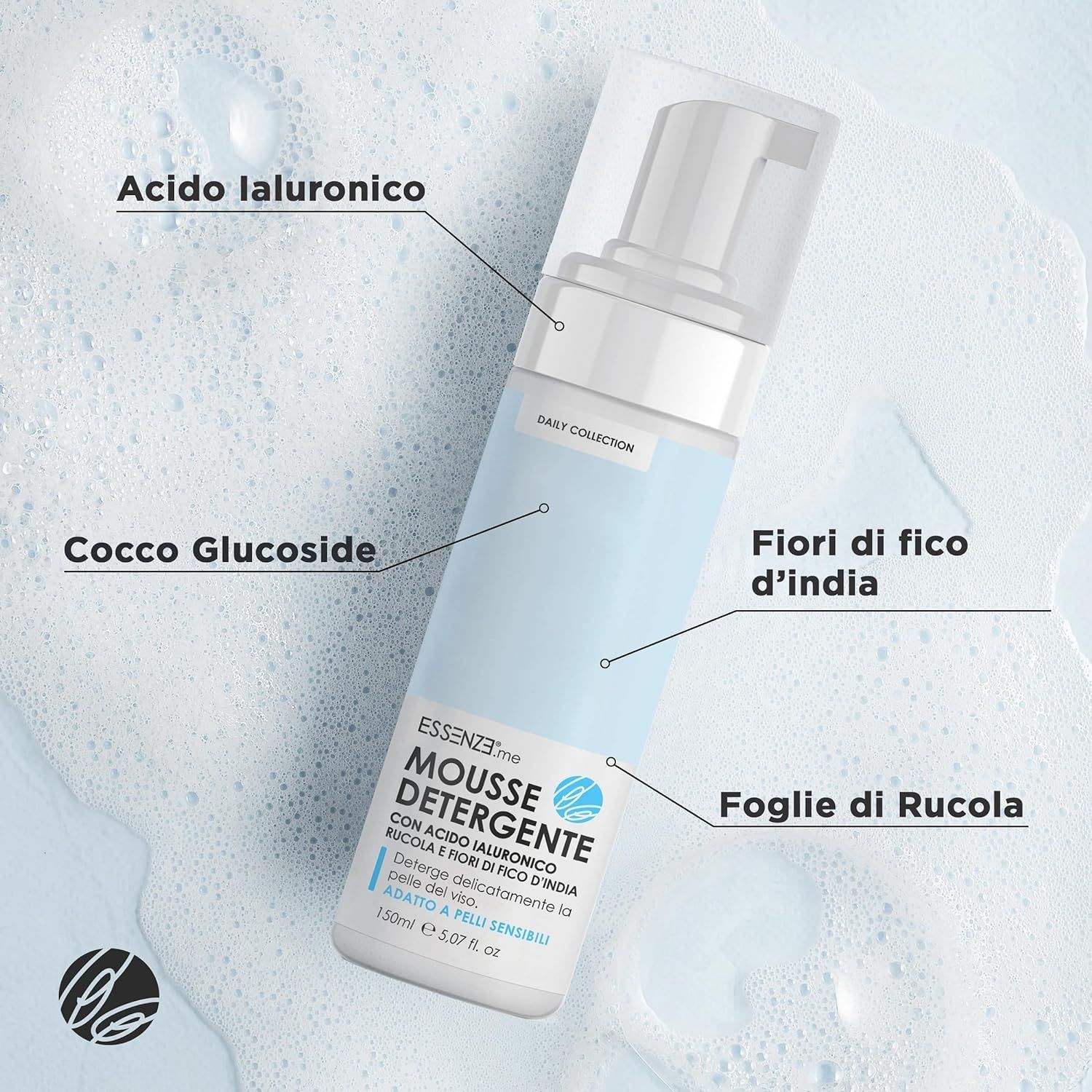 Essenze.me Mousse Detergente Viso Schiuma Delicata con Acido Ialuronico Rucola e Fico d’India 150ml