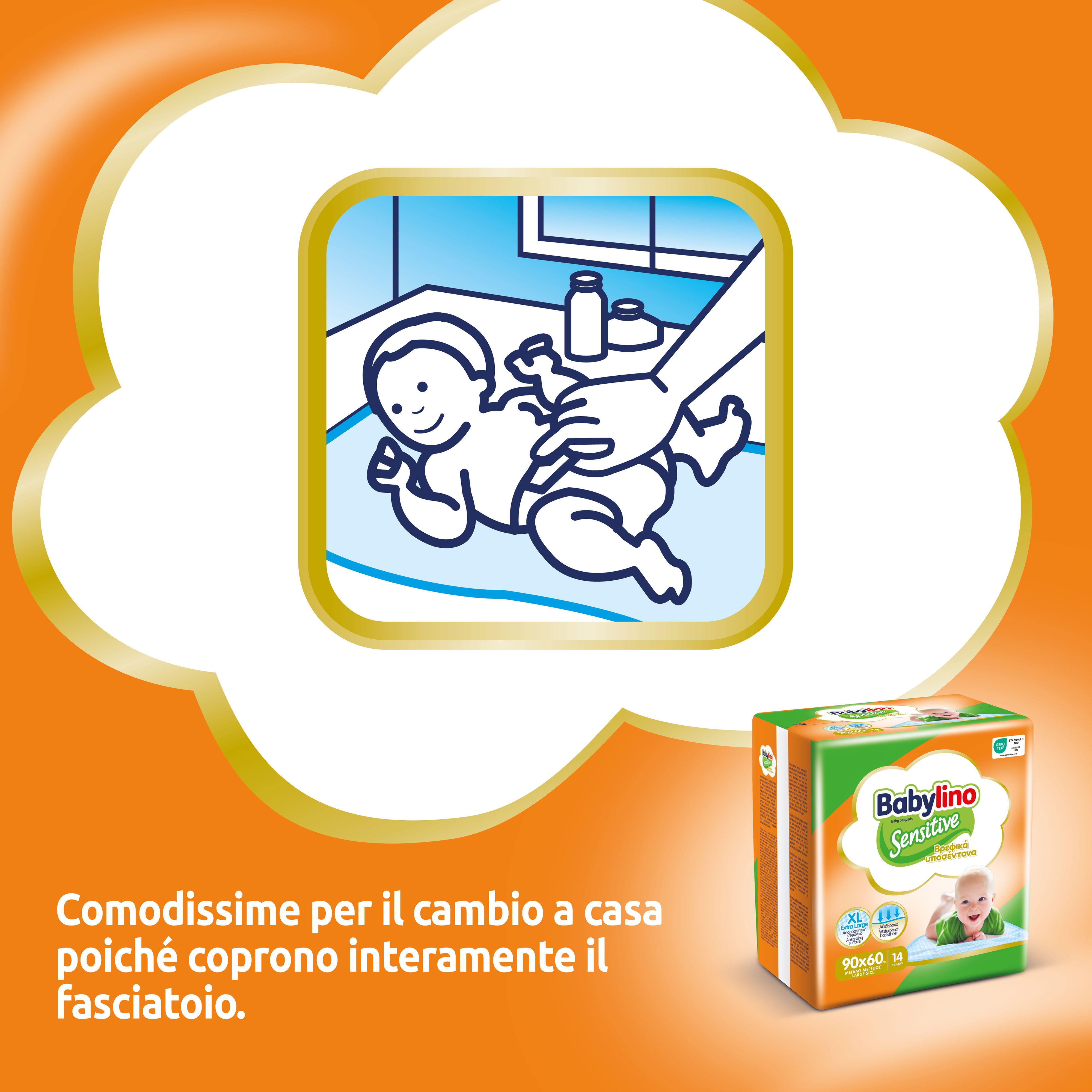 Illustrazione: bambino cambiato su traversina. Confezione Babylino Sensitive sullo sfondo.