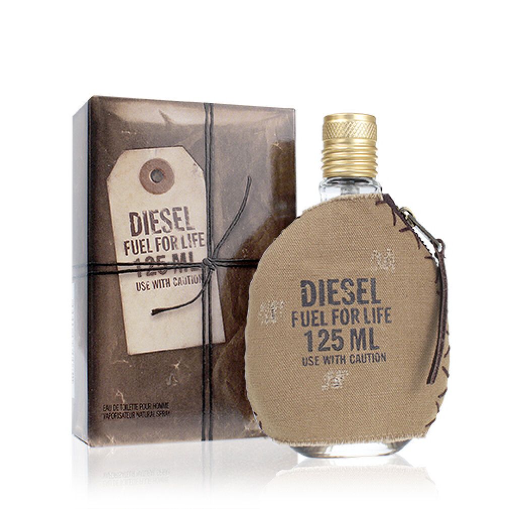 Flacone di profumo con custodia marrone e scatola. Scritta: DIESEL FUEL FOR LIFE 125 ML. Usare con cautela.