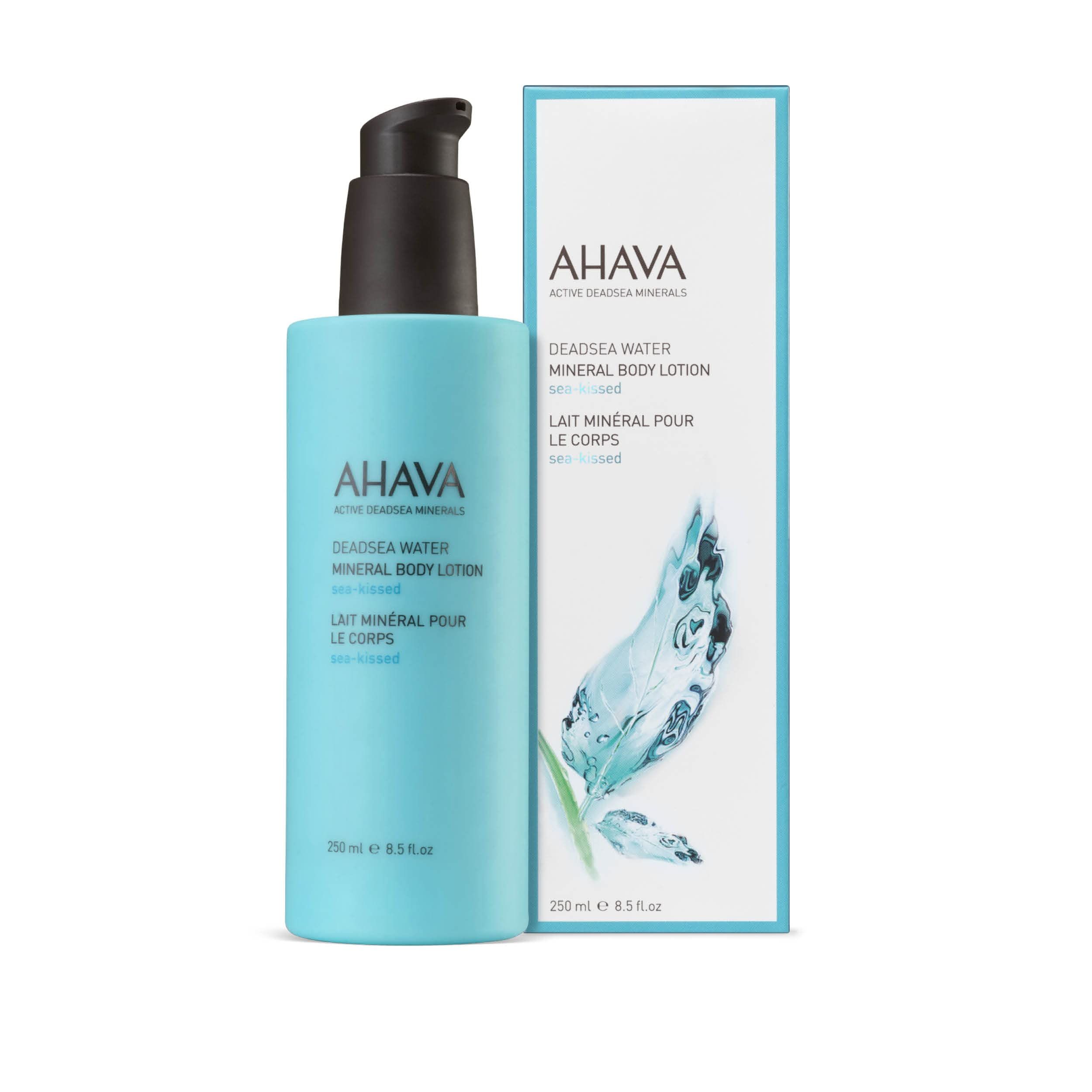 Flacone blu turchese con dosatore nero e confezione. Scritta AHAVA DEADSEA WATER Mineral Body Lotion.