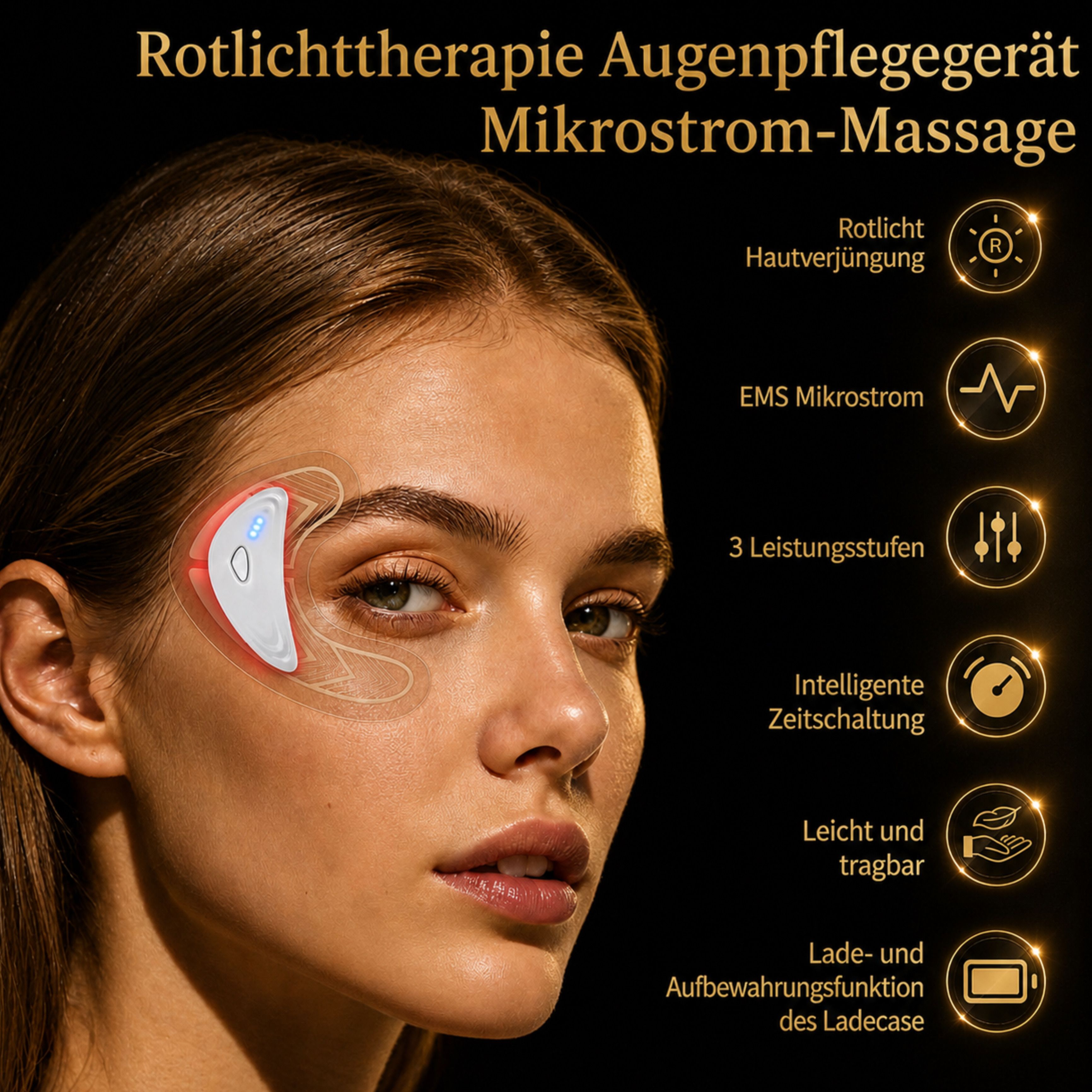 Donna con dispositivo massaggiatore occhi che offre terapia della luce rossa e massaggio a microcorrente.