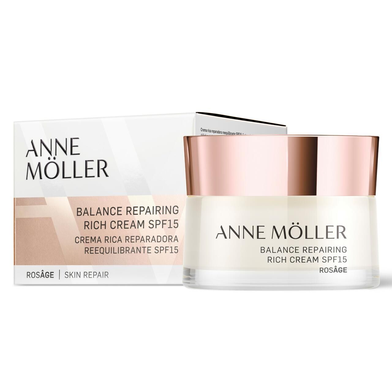 Vasetto di crema e confezione. Scritta: ANNE MÖLLER, Balance Repairing Rich Cream SPF15, Rosâge. Confezione: Skin Repair.