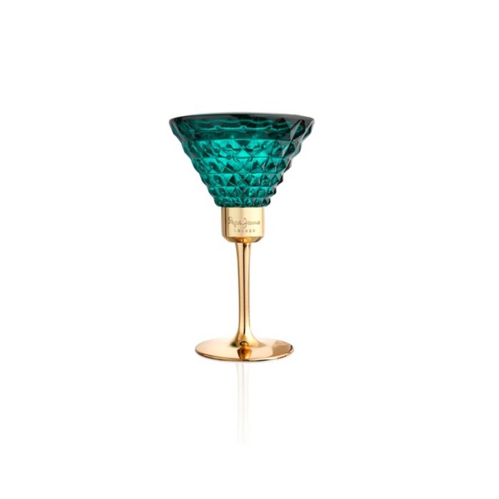 Flacone Pepe Jeans Celebrate Eau de Parfum a forma di bicchiere da cocktail con stelo e base dorati, con riflesso.