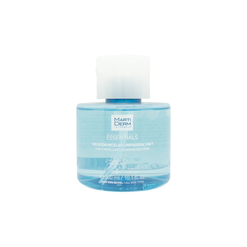 Marti Derm Essentials Soluzione Micellare, 300 ml. Liquido limpido in flacone trasparente con tappo a scatto bianco.