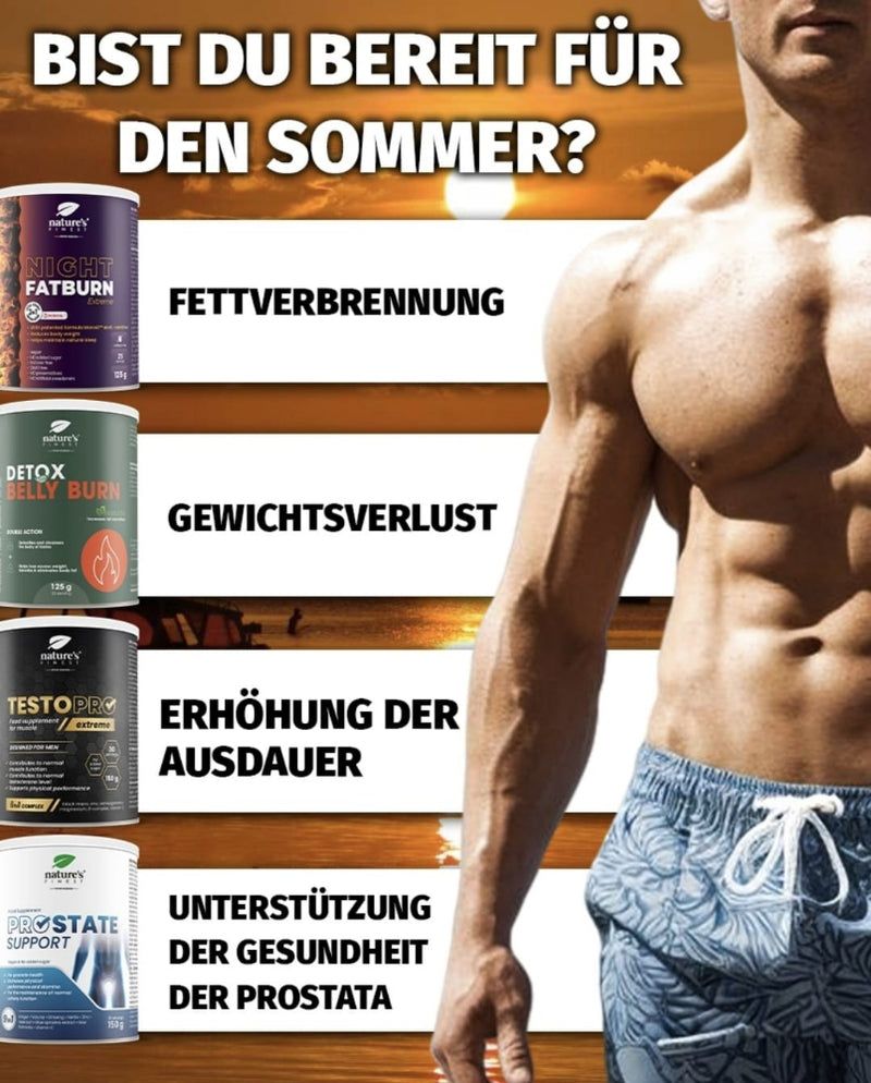 Uomo con corpo muscoloso. Prodotti: Night Fatburn, Detox Belly Burn, Testo Pro, Prostate Support.