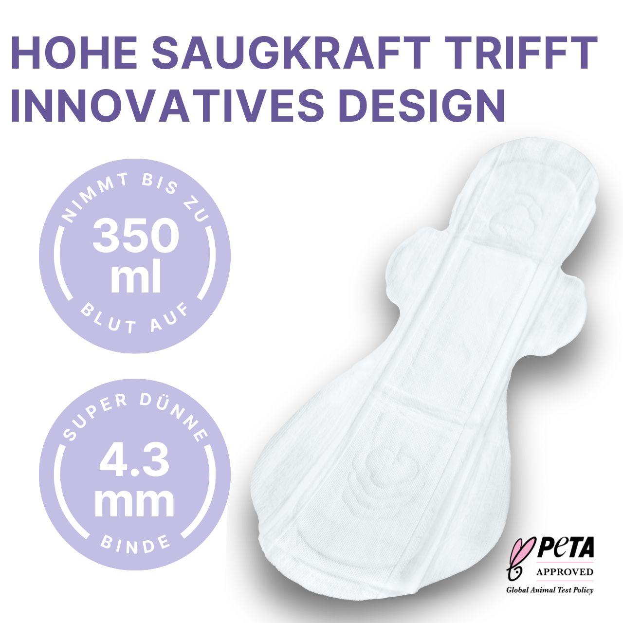 Assorbente post-partum bianco. Assorbe fino a 350 ml di sangue. Ultra sottile, 4,3 mm. Logo PETA.