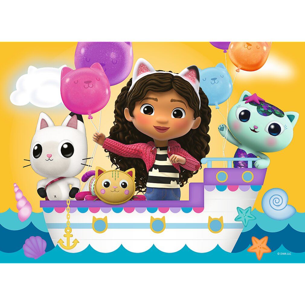 Puzzle con Gabby e personaggi di gatti su una barca. Palloncini e animali marini sullo sfondo. Cielo giallo.