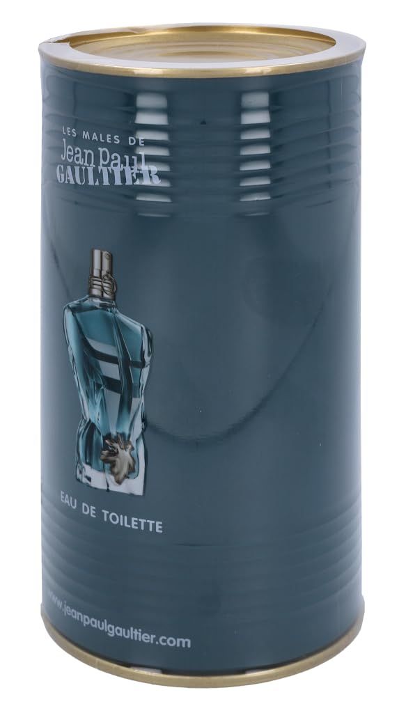 Scatola cilindrica, blu-verde, con stampa di un flacone a forma di torso e testo: Eau de Toilette.