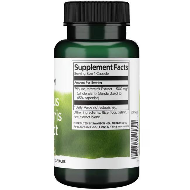 Retro del flacone verde. Scritta: Supplement Facts. Contiene estratto di Tribulus Terrestris, 500 mg. Altri ingredienti.