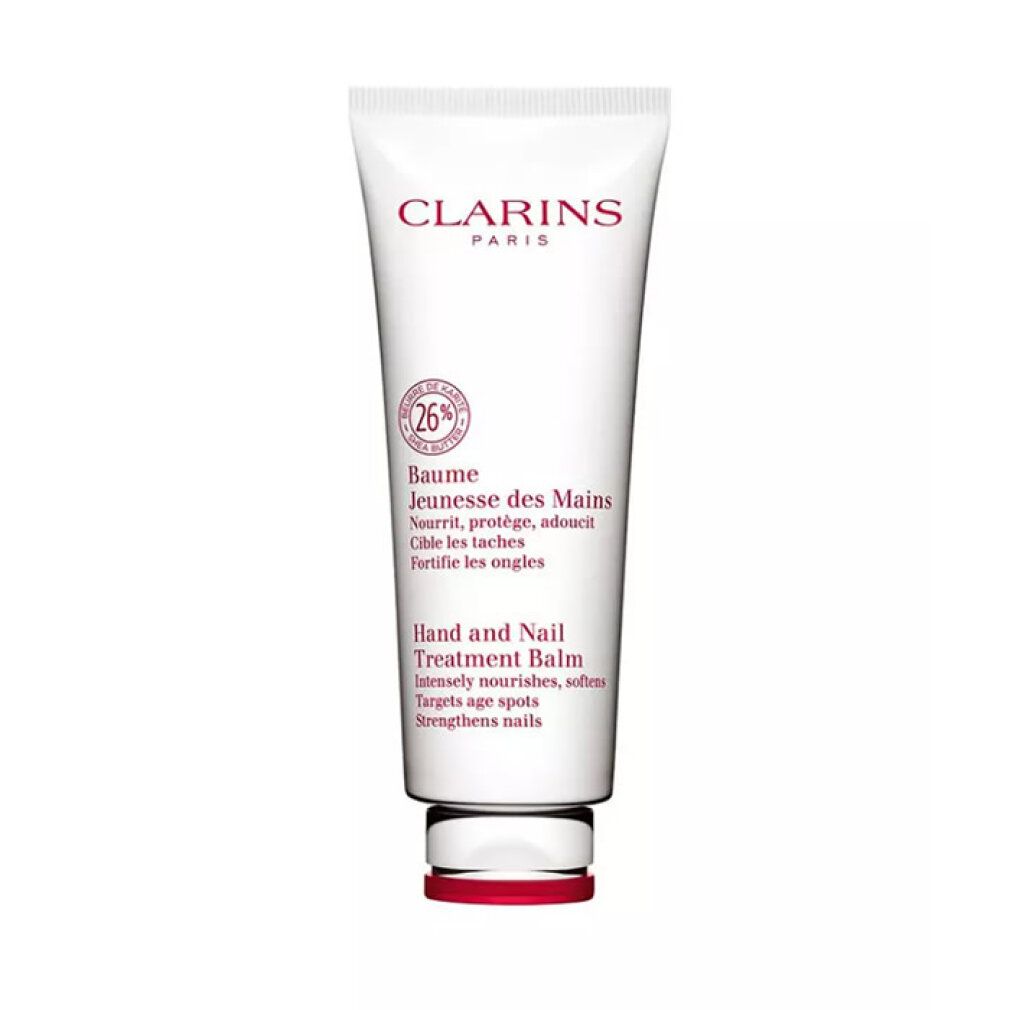 Tubo bianco con tappo rosso. Testo: Clarins, Baume Jeunesse des Mains, Hand and Nail Treatment Balm. Grafica rotonda con 26%.