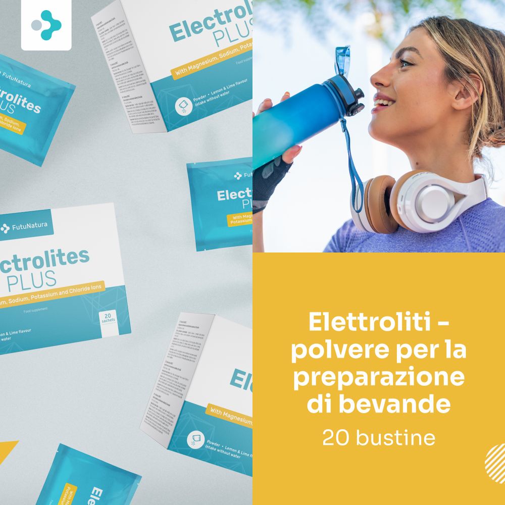 FutuNatura Electrolytes Plus, 20 bustine. Donna che beve da borraccia blu. Cuffie.
