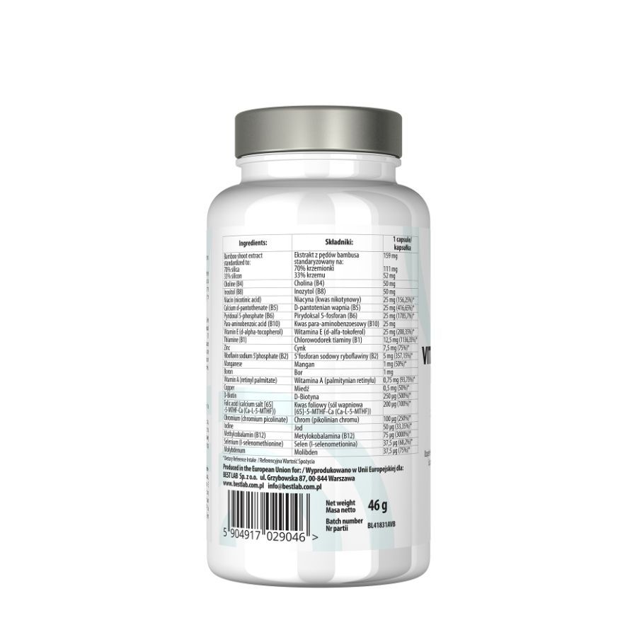 Retro di un flacone bianco. Contiene un elenco degli ingredienti e informazioni nutrizionali. Peso: 46 g.