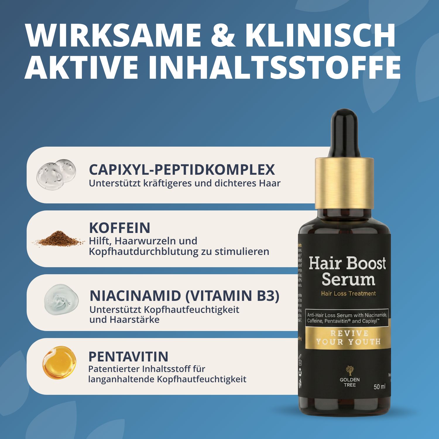 Golden Tree Hair Boost Serum con rappresentazioni degli ingredienti: Capixyl, Caffeina, Niacinamide, Pentavitin.