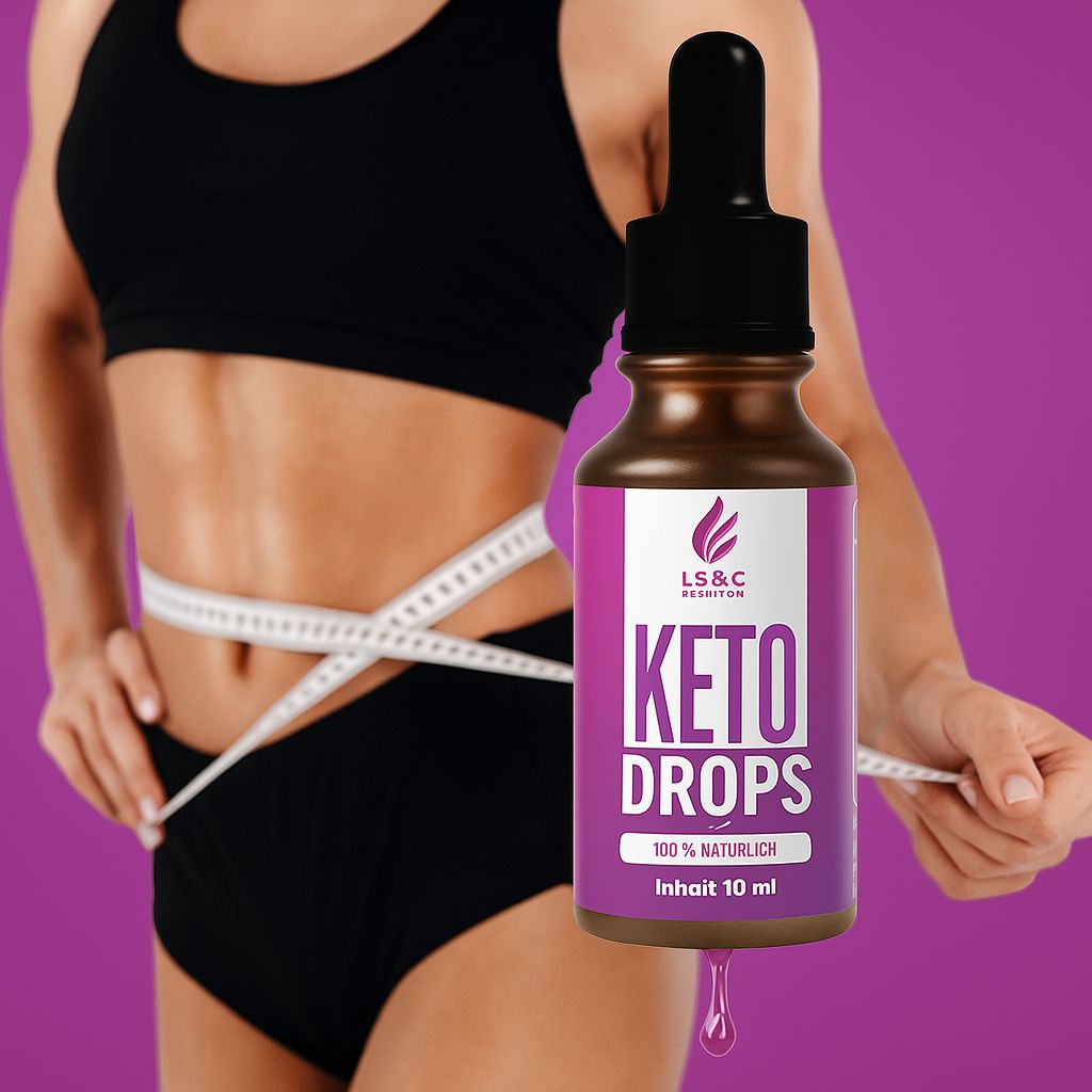Donna misura la vita con un metro a nastro. Flacone con LS&C Nutrition, Keto Drops, 100% naturale, contenuto 10 ml.