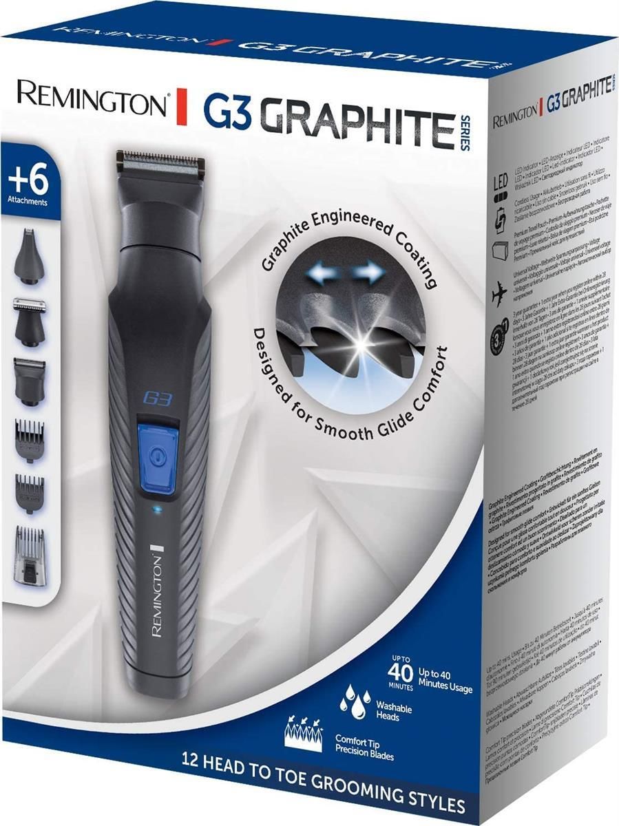Confezione del kit Remington G3 Graphite Groom. Contiene trimmer, accessori e informazioni. Scatola blu e bianca.