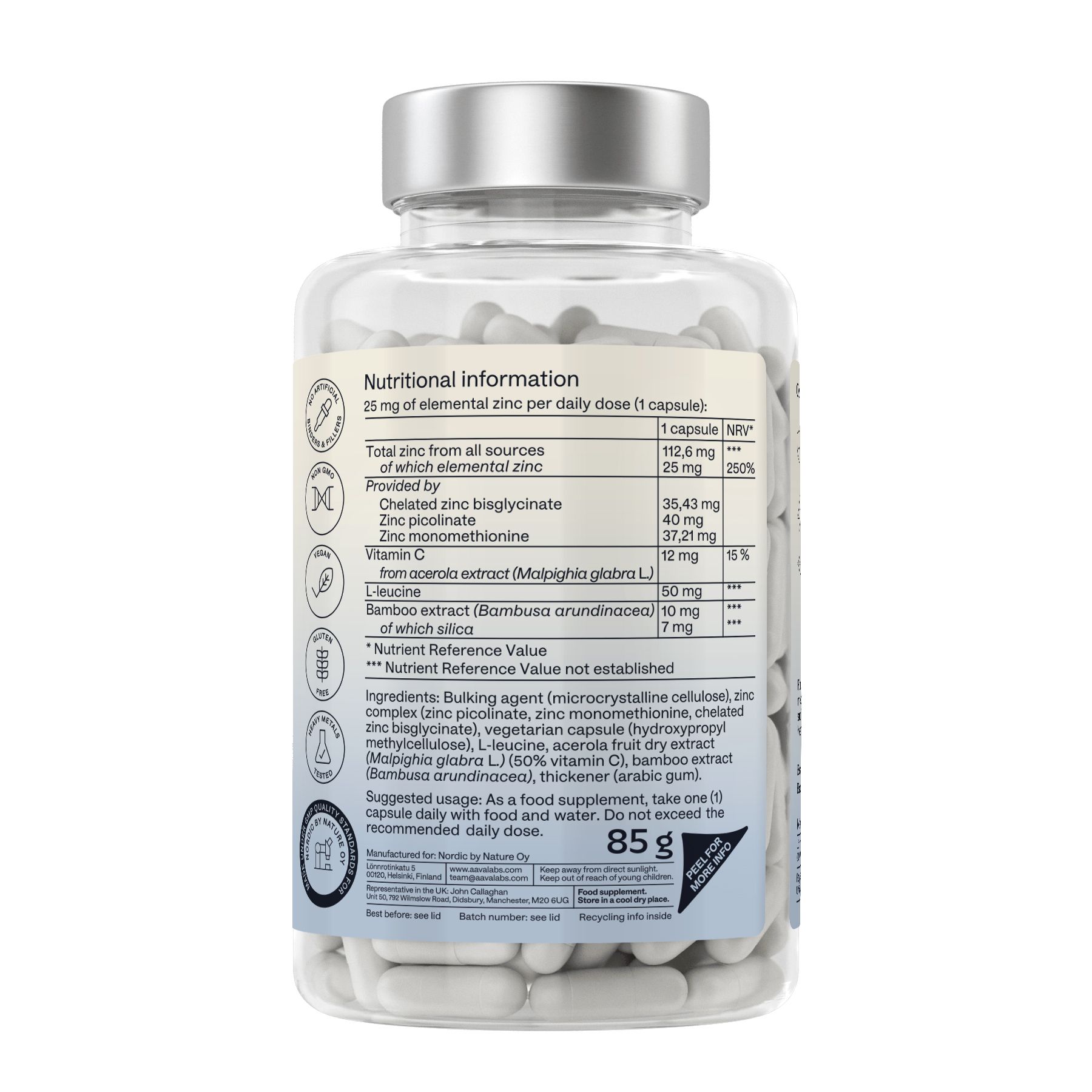 Retro del flacone con informazioni nutrizionali. 85g. Ingredienti: zinco, vitamina C, L-leucina, estratto di bambù.