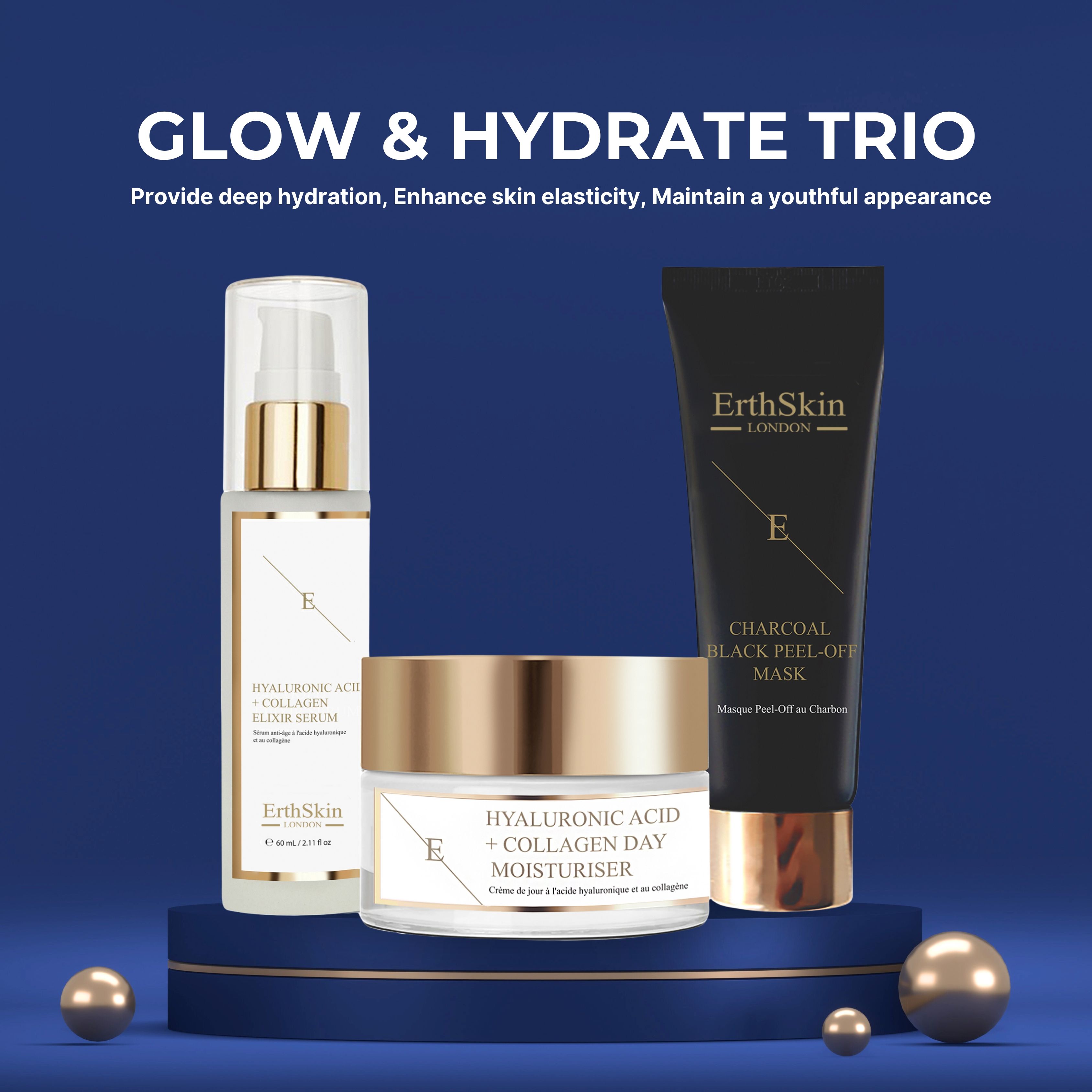 Set cosmetico su piedistallo blu. Siero, crema giorno e maschera. Sfere dorate. Testo: Glow & Hydrate Trio.