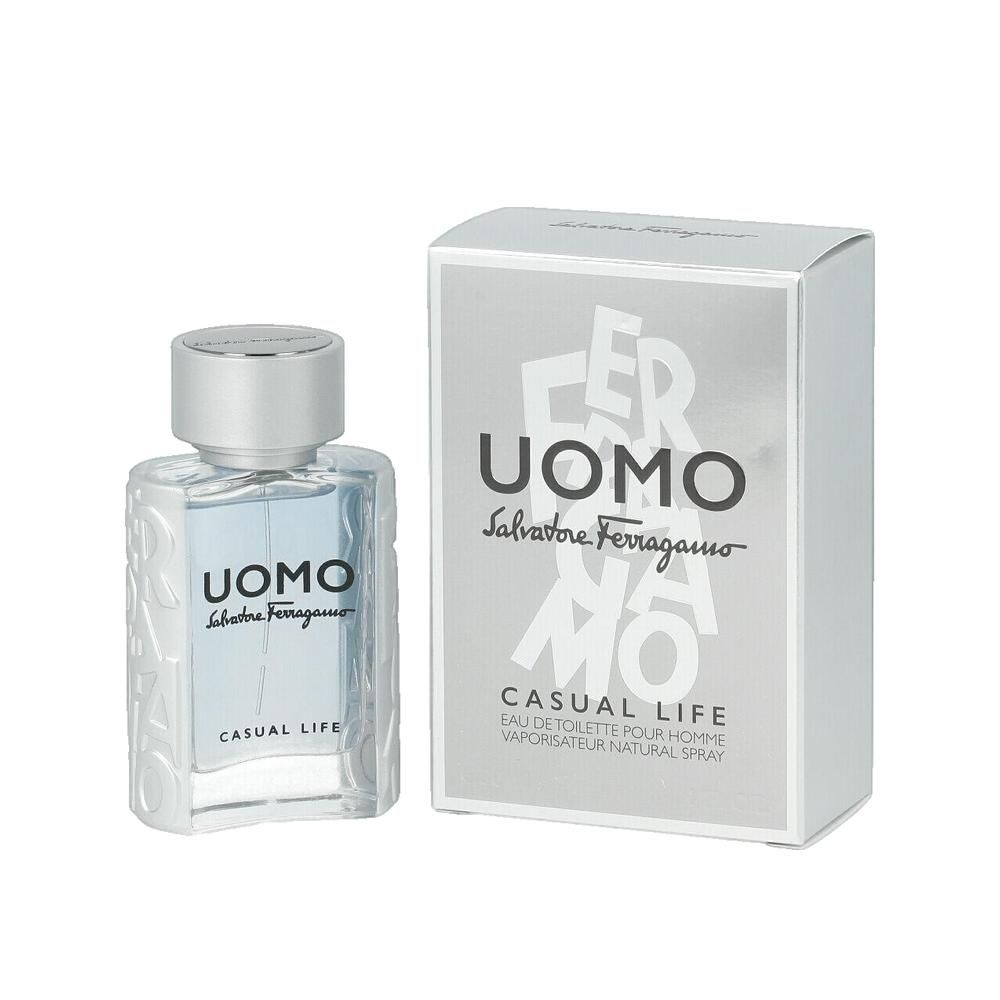 Flacone e confezione di Salvatore Ferragamo Uomo Casual Life. Flacone con tappo argentato. Confezione con scritta Uomo.