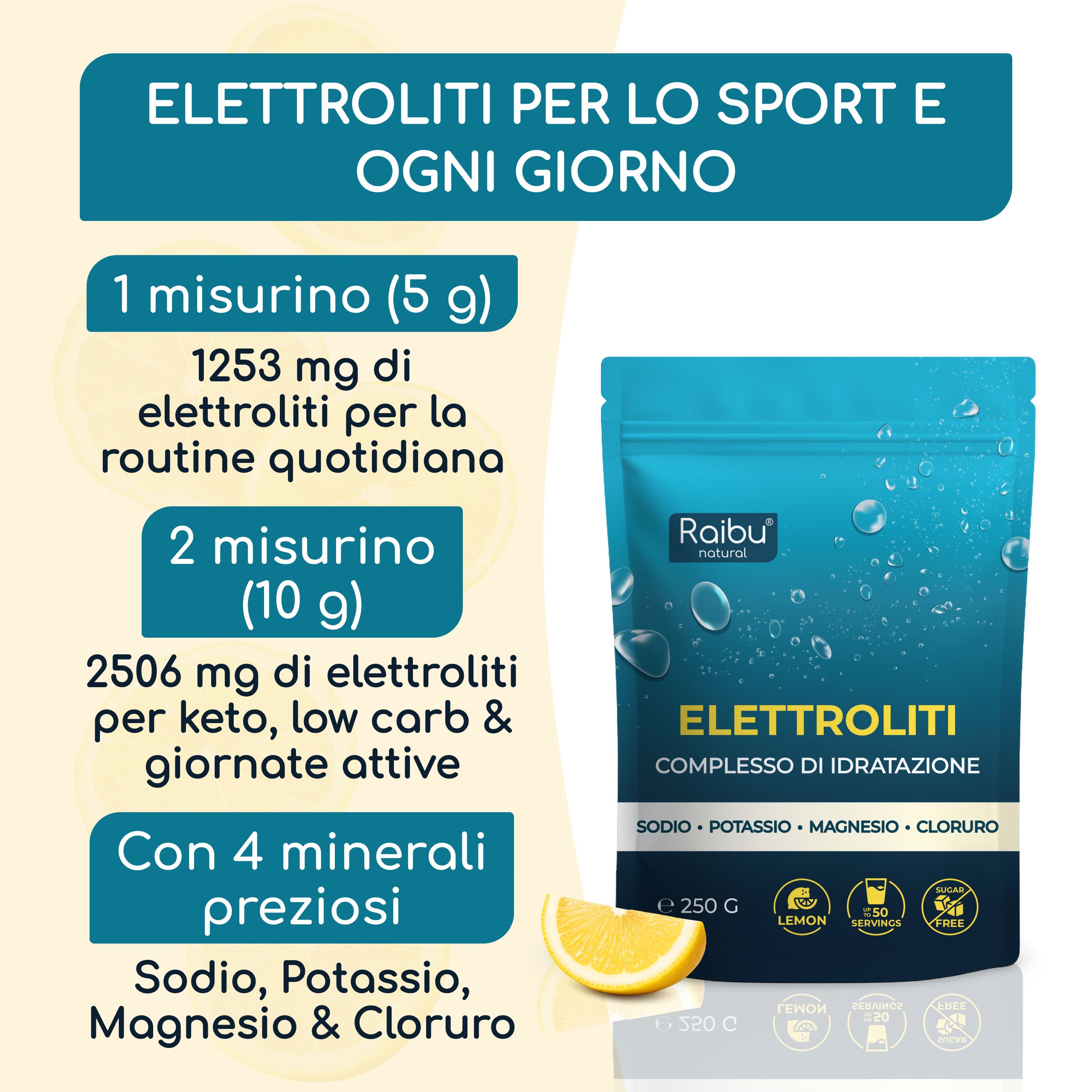 Busta di polvere di elettroliti Raibu, 250g, senza zucchero, con magnesio, potassio, sodio, cloruro.