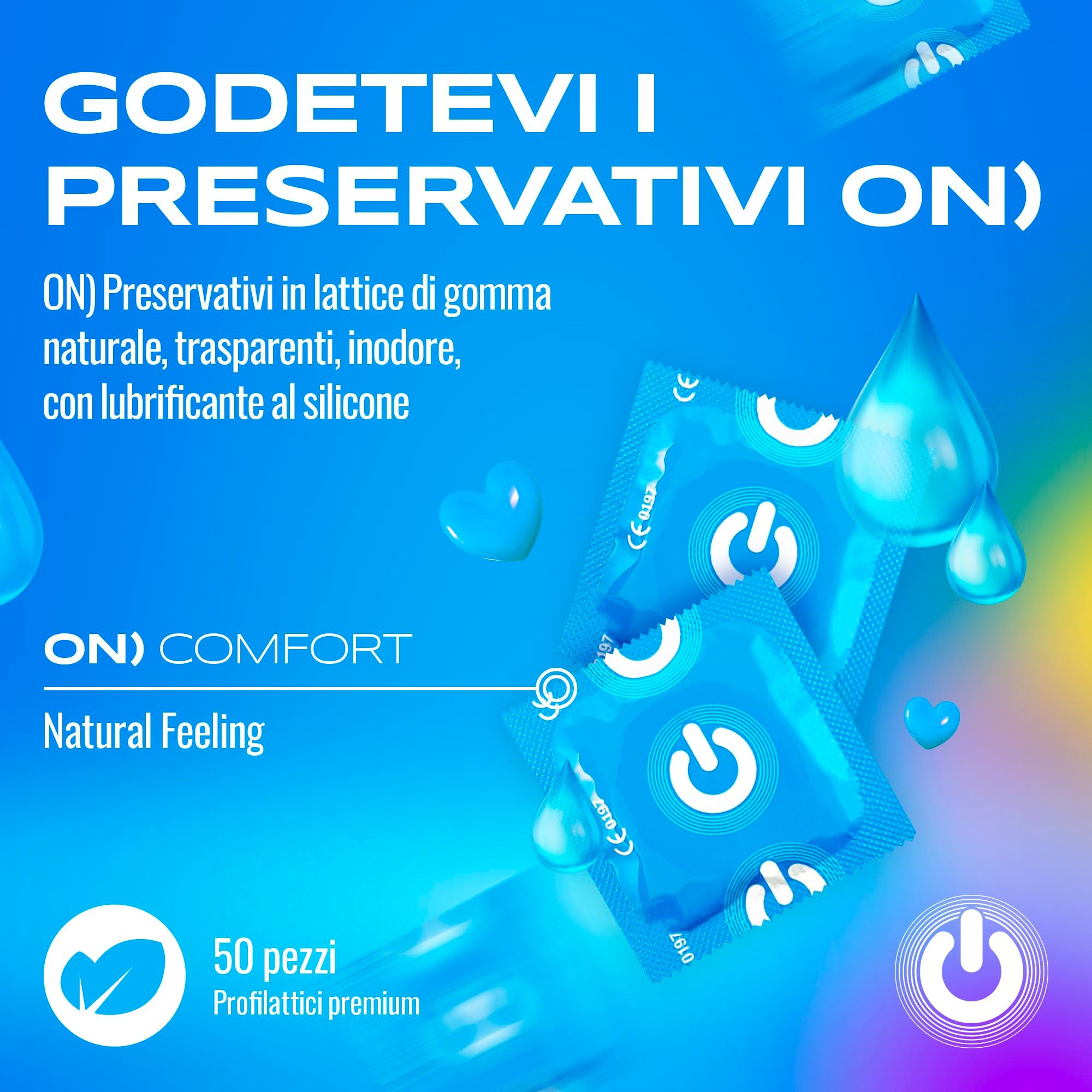 Preservativi ON) Natural Feeling: 50 pezzi, trasparenti, con silicone.
