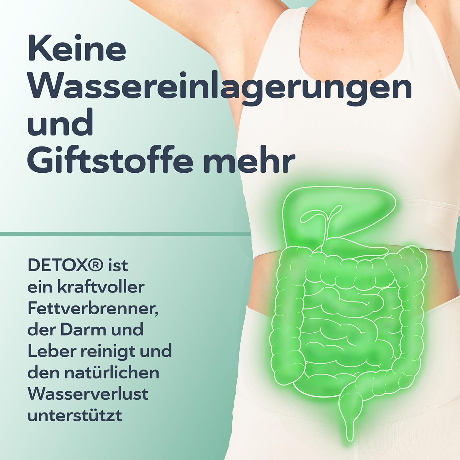 Grafica del sistema digestivo con contorni luminosi. Testo: Niente più ritenzione idrica e tossine.