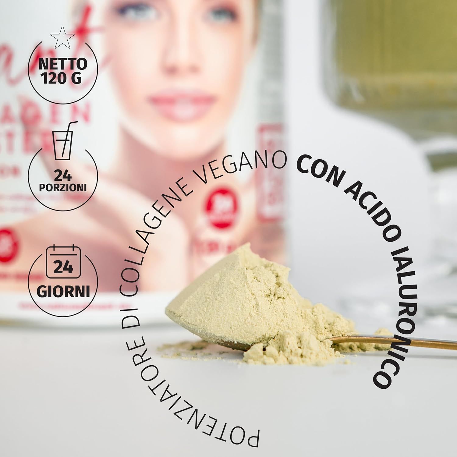 Cucchiaio con polvere gialla. Booster di collagene vegano con ialuron. 24 porzioni, 24 giorni. Immagine del prodotto sullo sfondo.