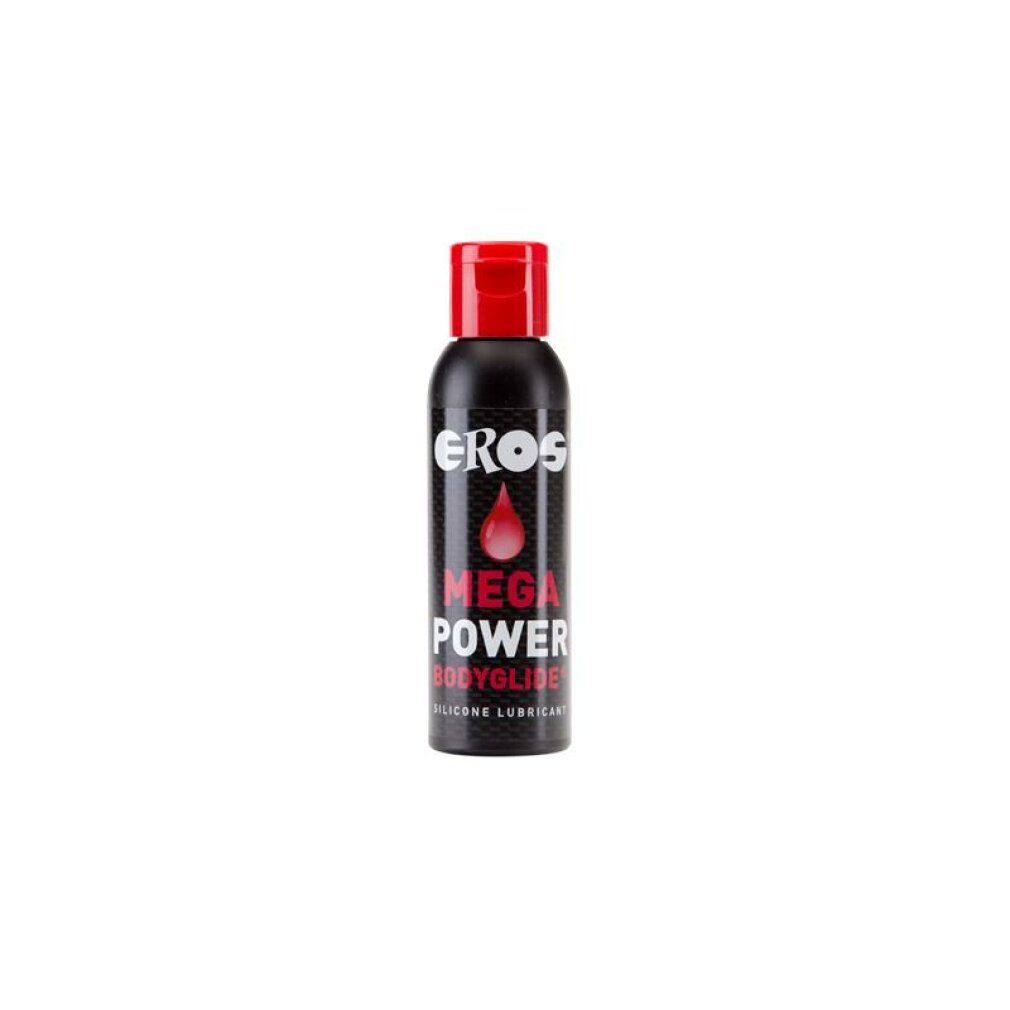 Flacone nero con tappo rosso. Scritta: EROS, MEGA POWER BODYGLIDE. Gel lubrificante al silicone.