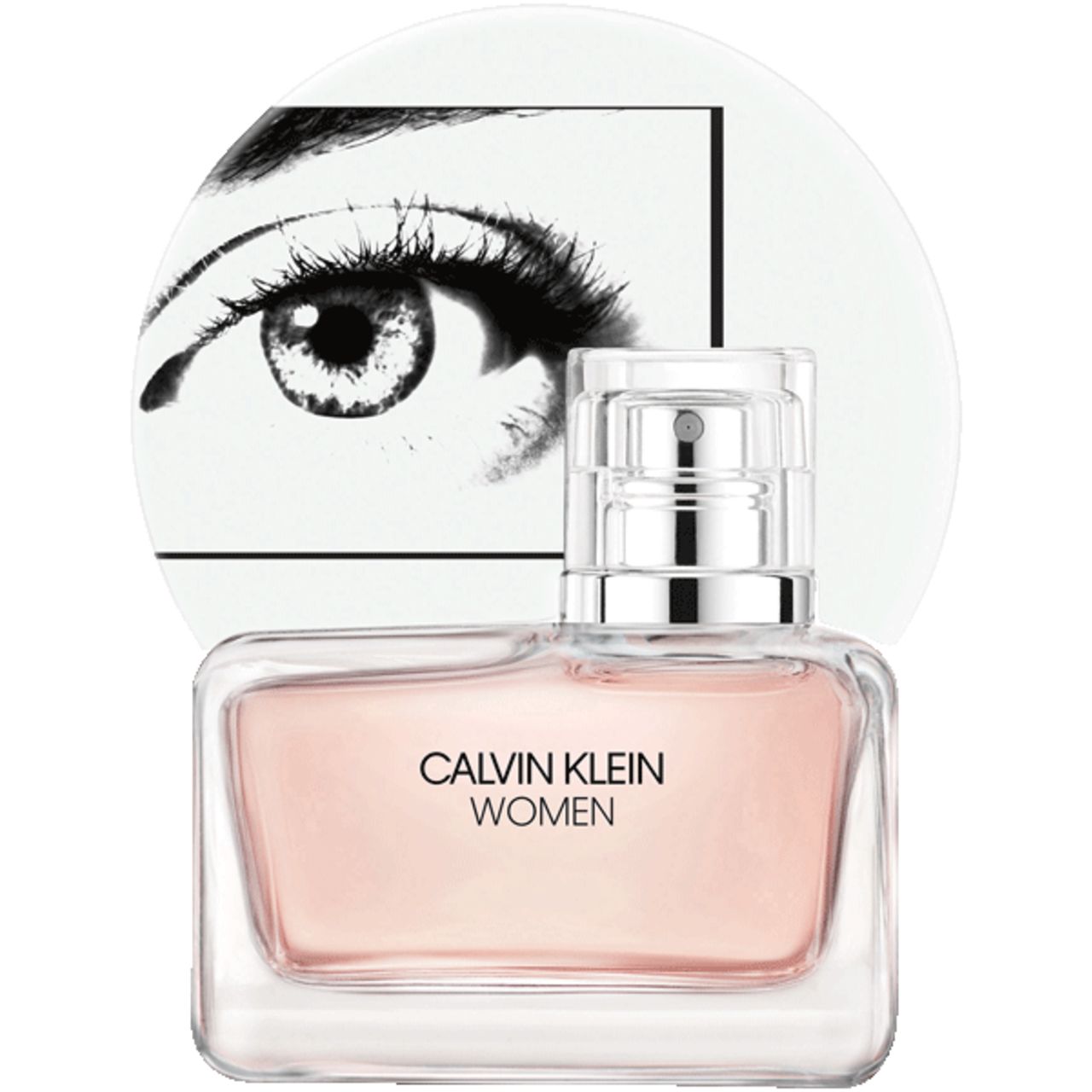 Flacone Calvin Klein Women. Liquido rosa. Vaporizzatore argento. Sfondo bianco con design occhio.