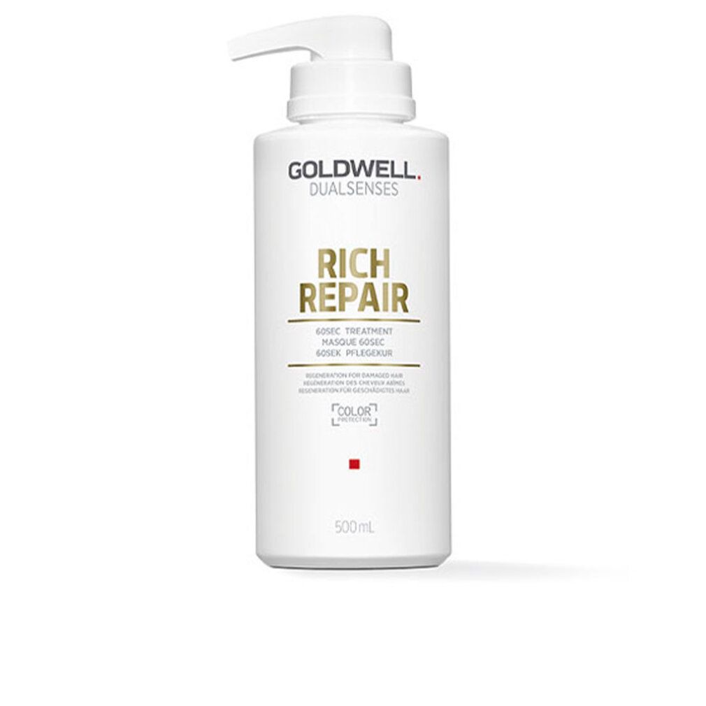 Goldwell Dualsenses Rich Repair 60 Sekunden Treatment. Flacone bianco con dosatore. Nome prodotto e logo. 500ml.