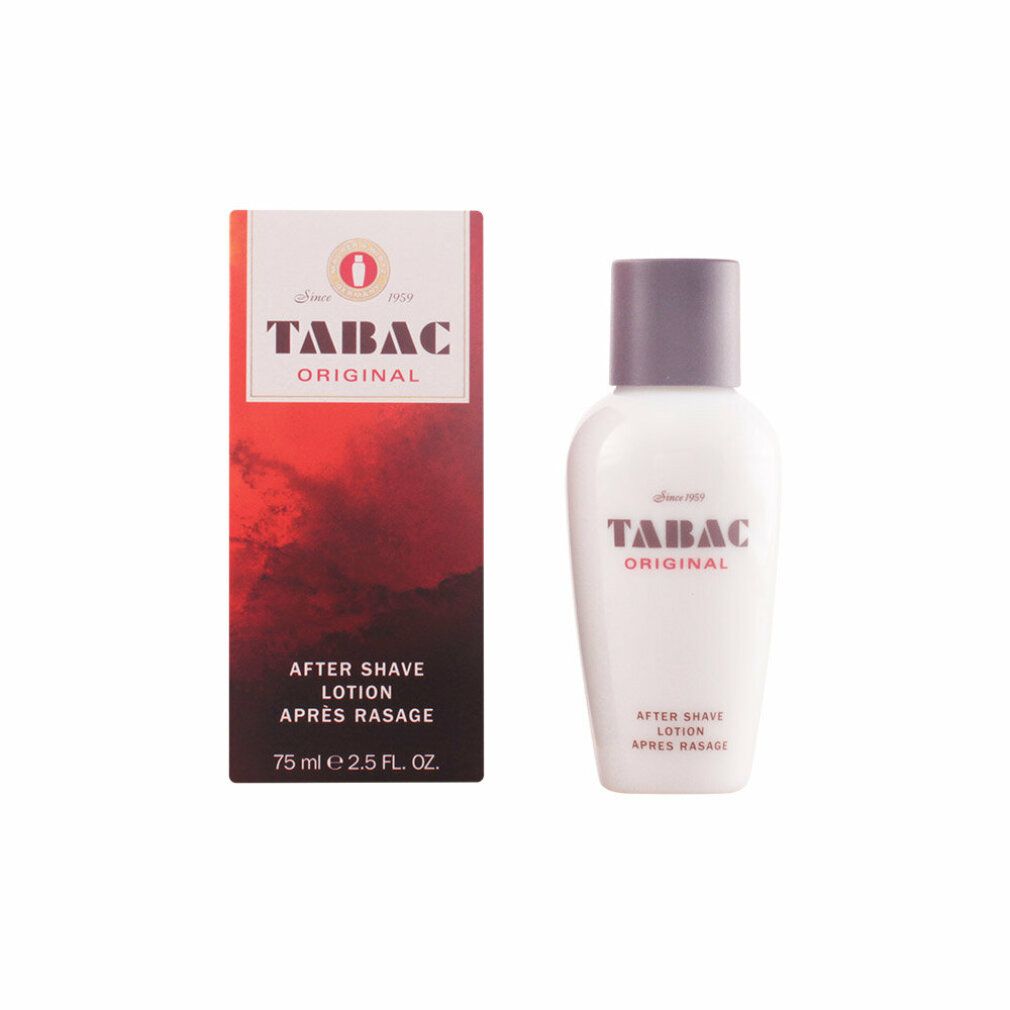 Flacone bianco e confezione. Scritta: TABAC ORIGINAL, AFTER SHAVE LOTION, APRES RASAGE. 75 ml.
