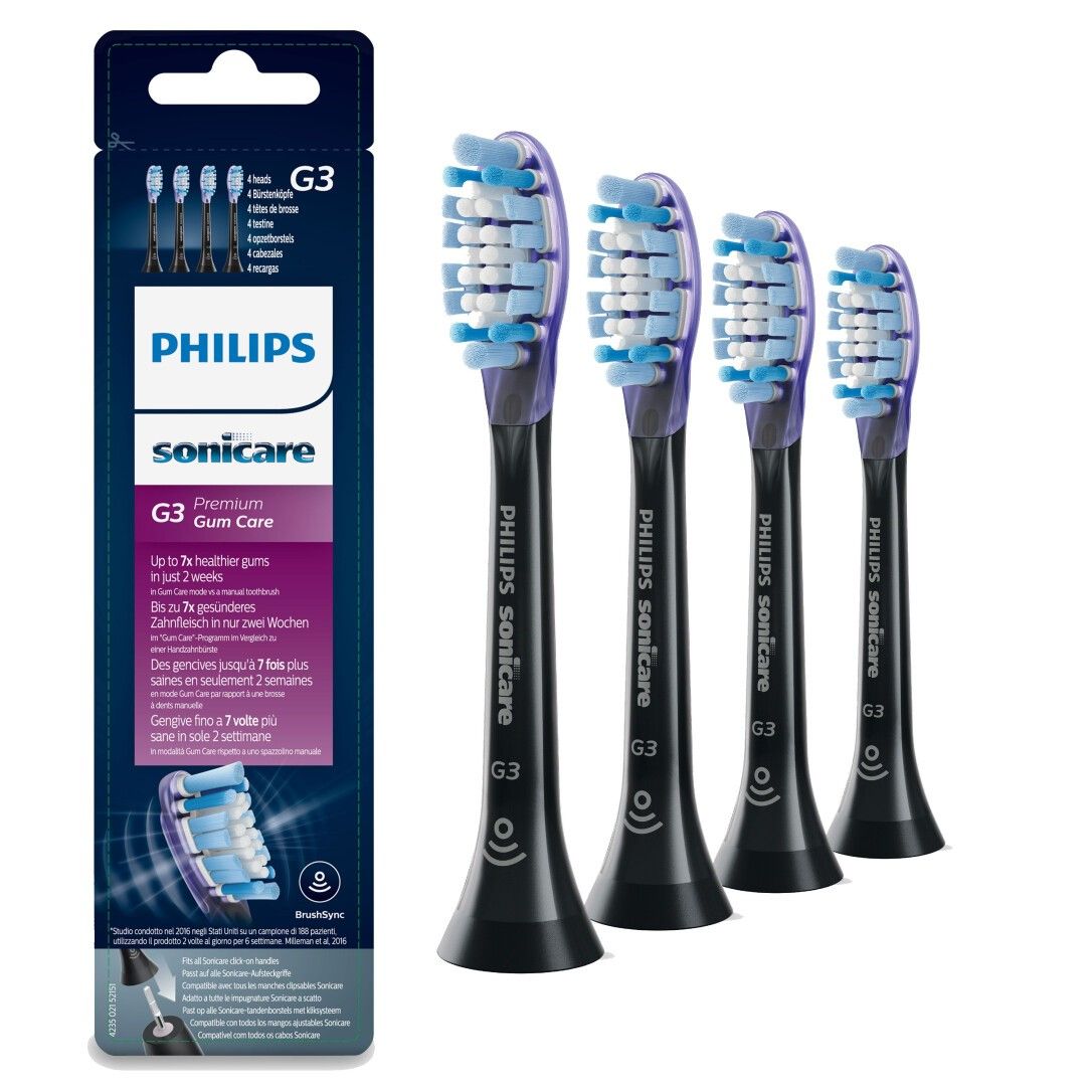 Confezione con quattro testine Philips Sonicare G3 Premium Gum Care. Manici neri, setole blu. Informazioni sul prodotto.