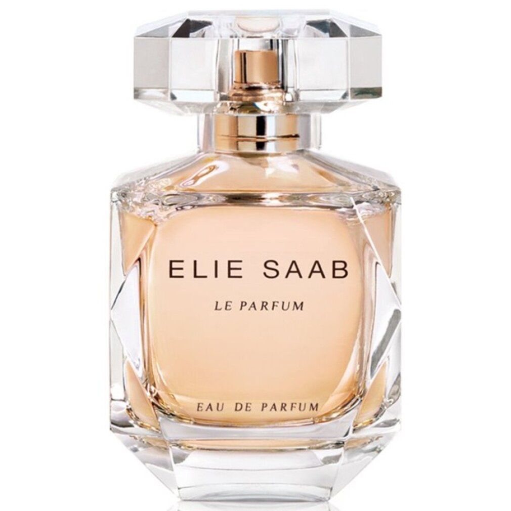 Flacone in vetro con tappo dorato. Scritta: ELIE SAAB LE PARFUM, Eau de Parfum. Tappo trasparente sfaccettato.