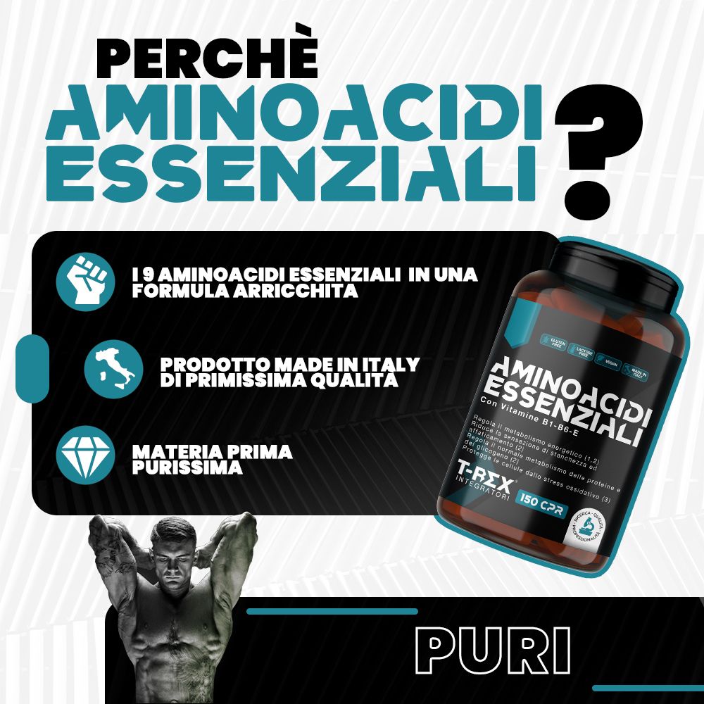 Immagine pubblicitaria con flacone prodotto. Testo: Perché Aminoacidi Essenziali? 19 aminoacidi, Made in Italy, materia pura.