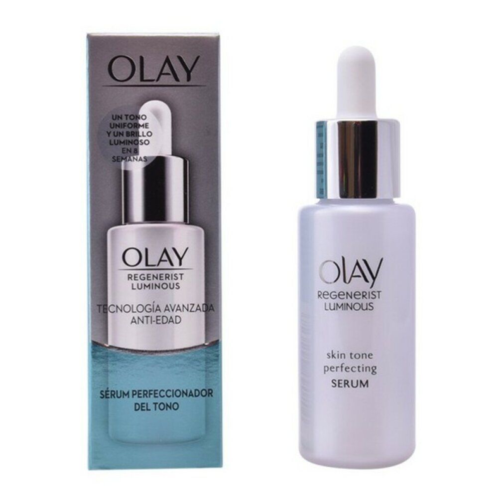 Siero Olay Regenerist Luminoso. Flacone con pipetta e confezione. Testo: Serum Perfecionador del Tono, Anti-Edad.