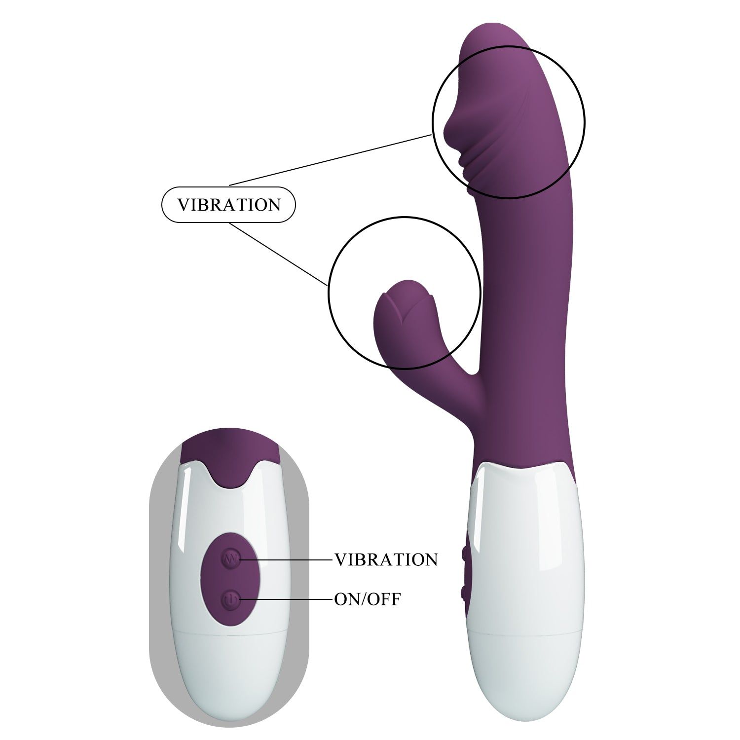 Vibratore viola e bianco con design a orecchie di coniglio. Due pulsanti sull'impugnatura bianca. Scritte 'VIBRATION' e 'ON/OFF'.
