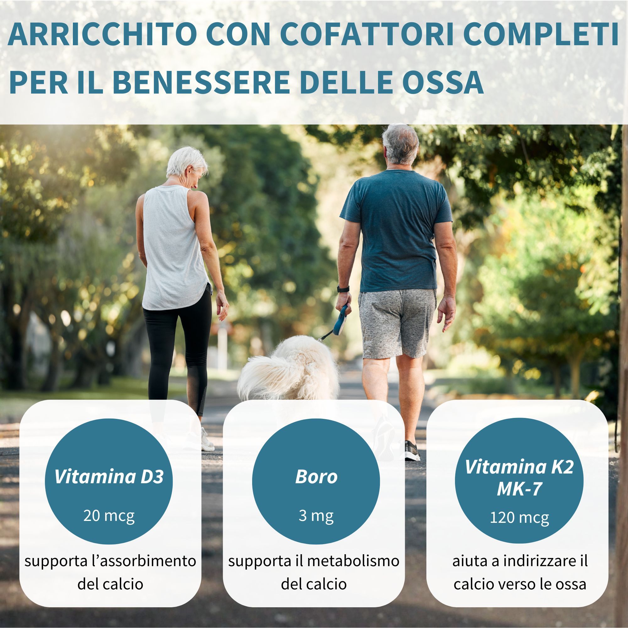 Coppia anziana passeggia con un cane, con icone per Vitamina D3, Boro e Vitamina K2.