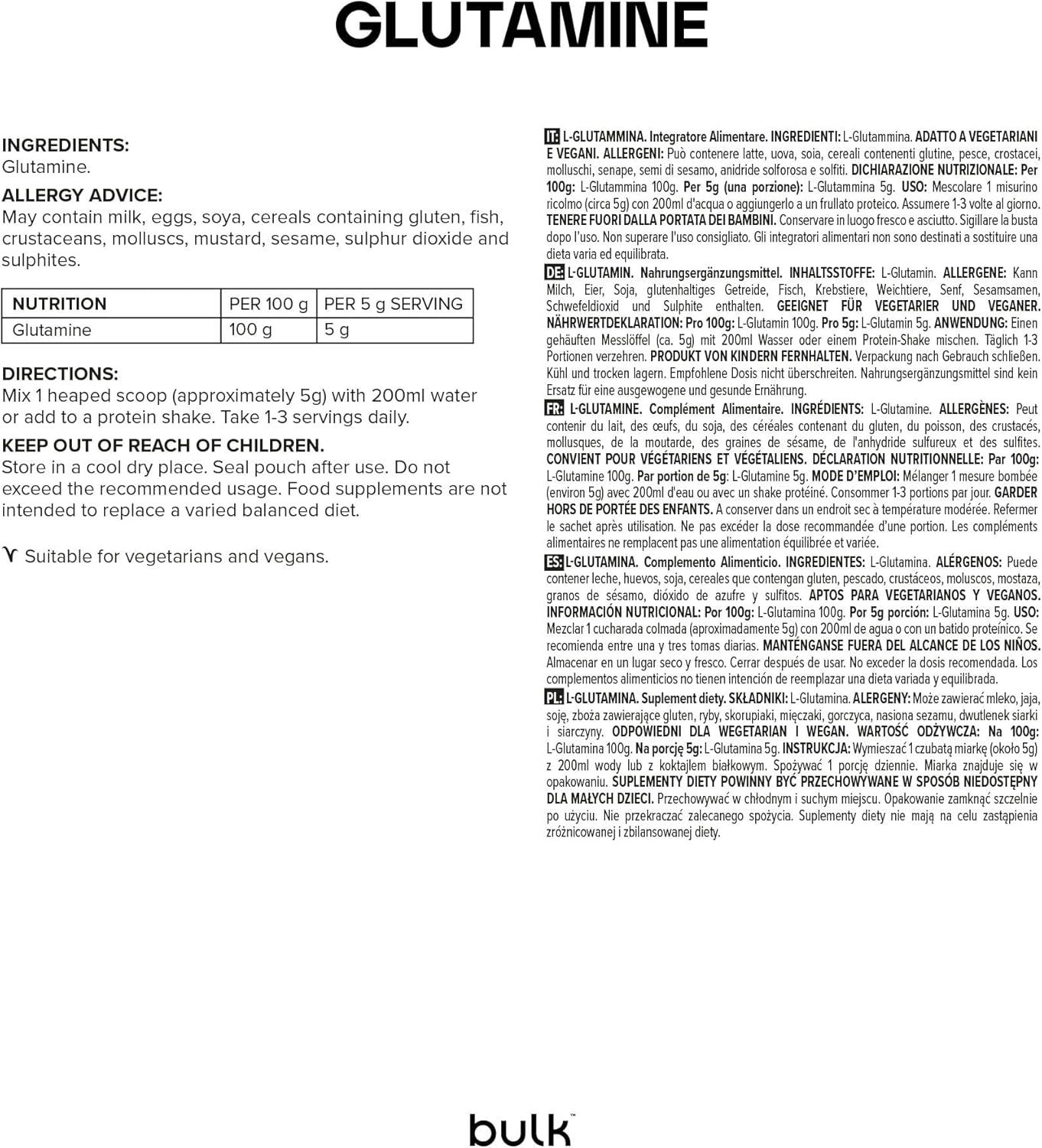 Informazioni nutrizionali e lista ingredienti su sfondo bianco. Contiene "Glutamine" e logo "bulk".