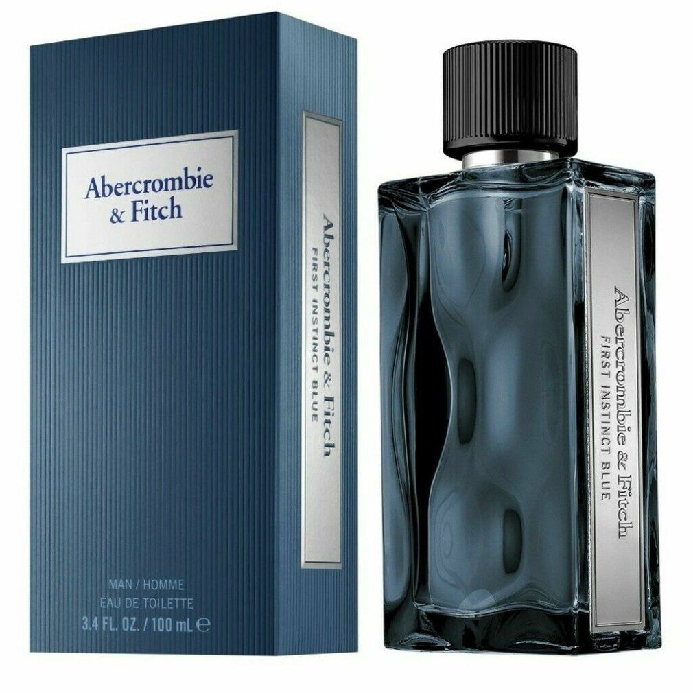 Flacone e confezione blu scuro. Scritta: Abercrombie & Fitch, First Instinct Blue, MAN/HOMME, Eau de Toilette.