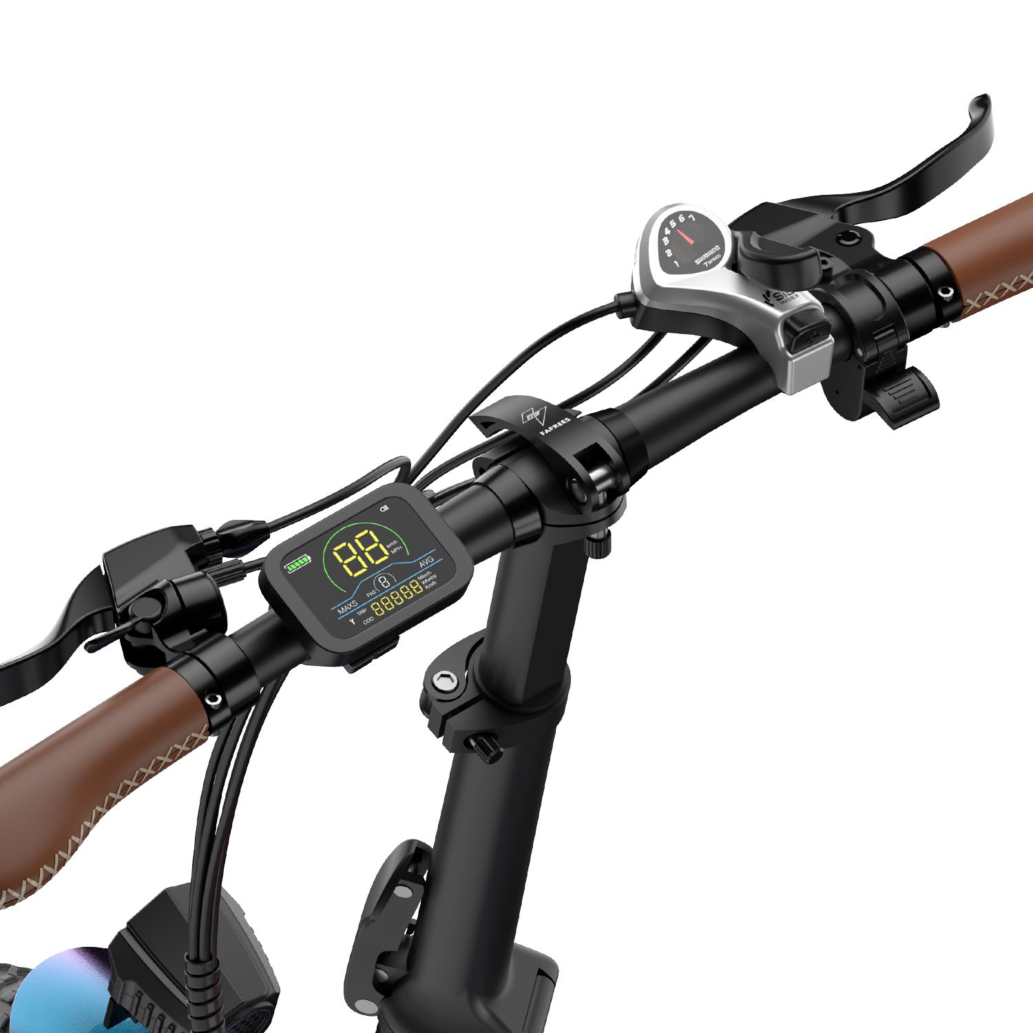 Primo piano del manubrio con display, manopole marroni. Indicatore di velocità e comandi.