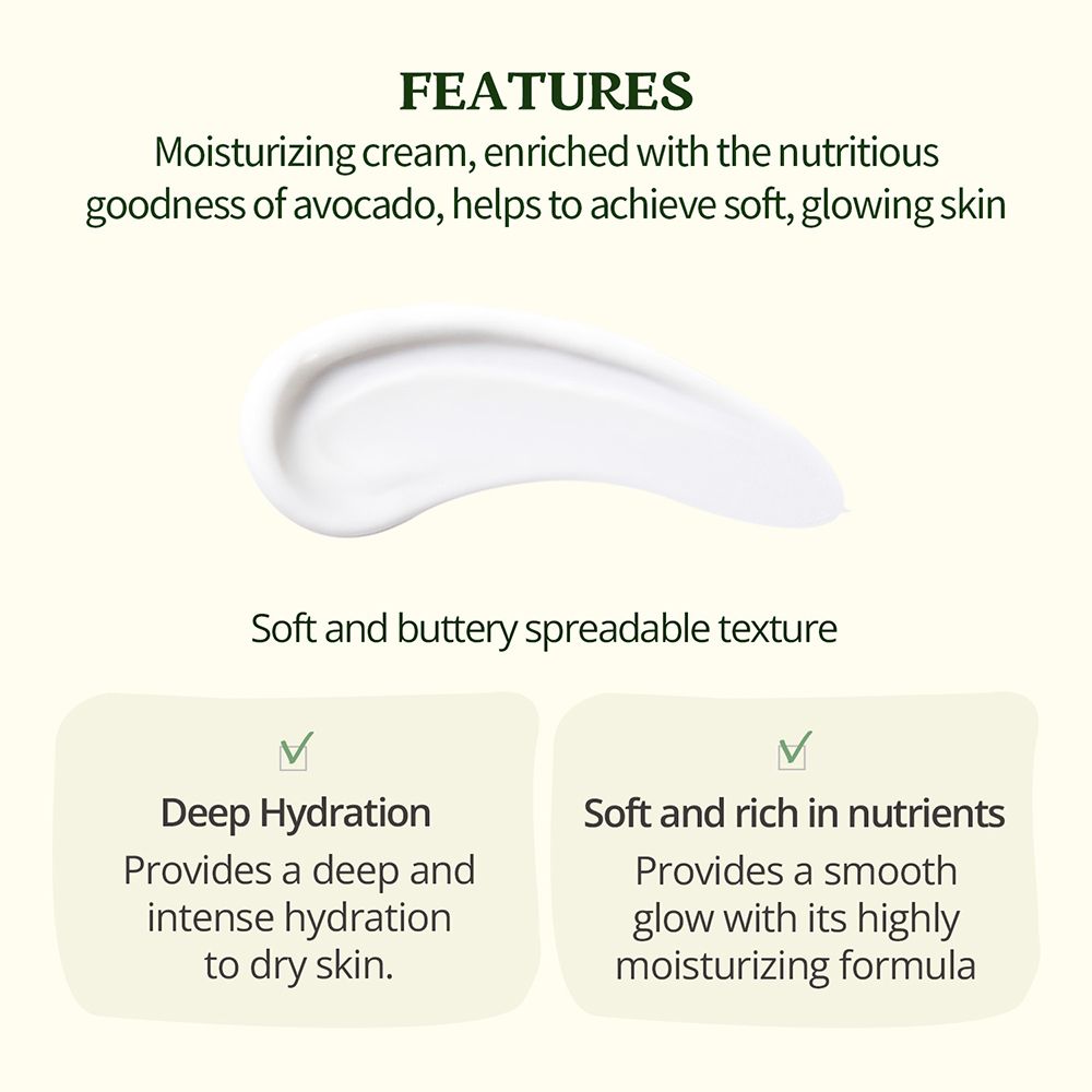 Testo con titolo "FEATURES". Testo sulla crema idratante all'avocado. Due riquadri con testo.